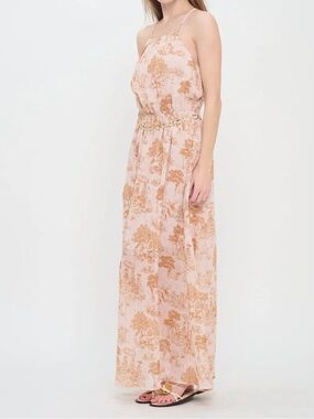 Blush Toile Print Halter Maxi Dress with Gold Chain Belt meet me in Santorini